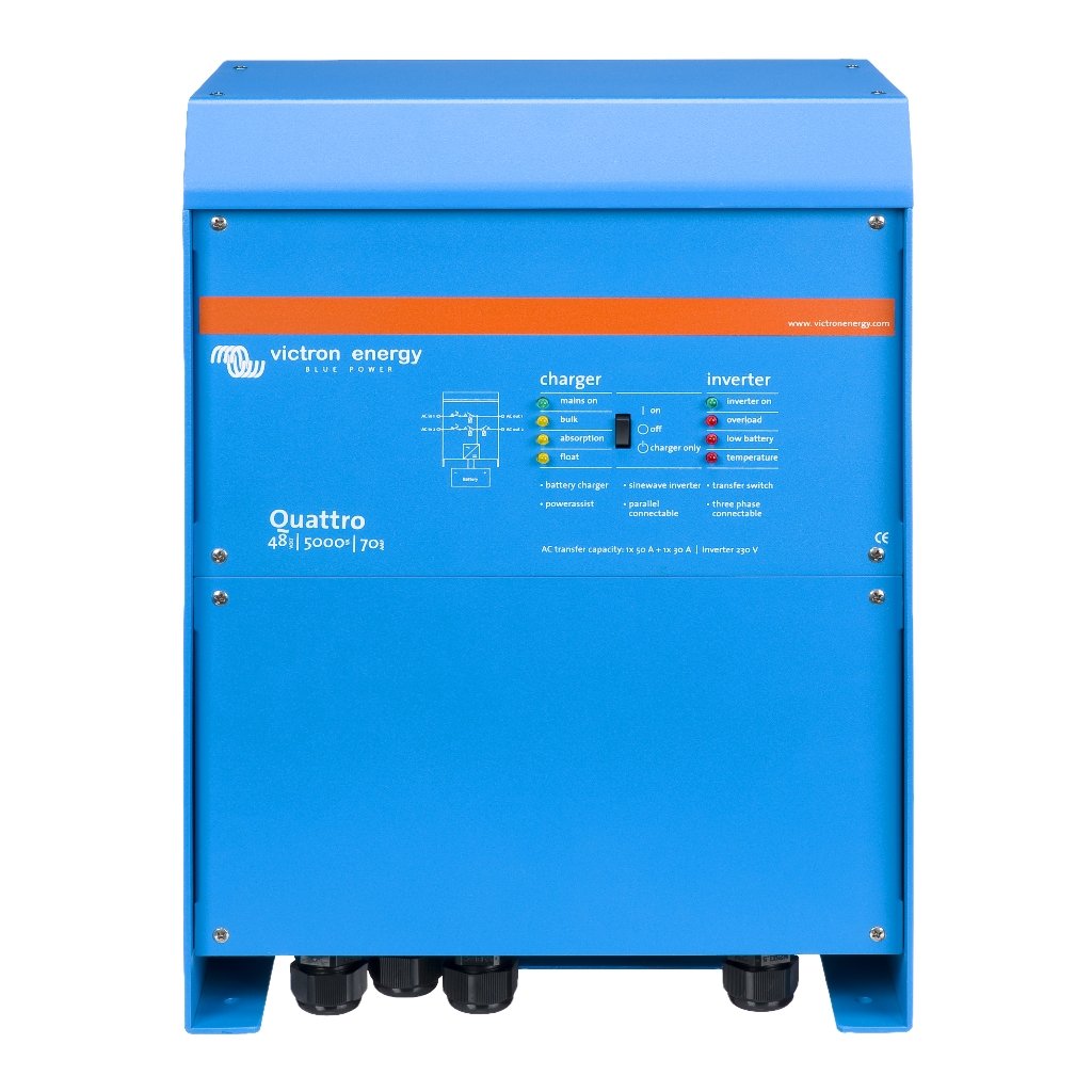 Blue Victron Energy Quattro 48V inverter/charger unit with front panel controls