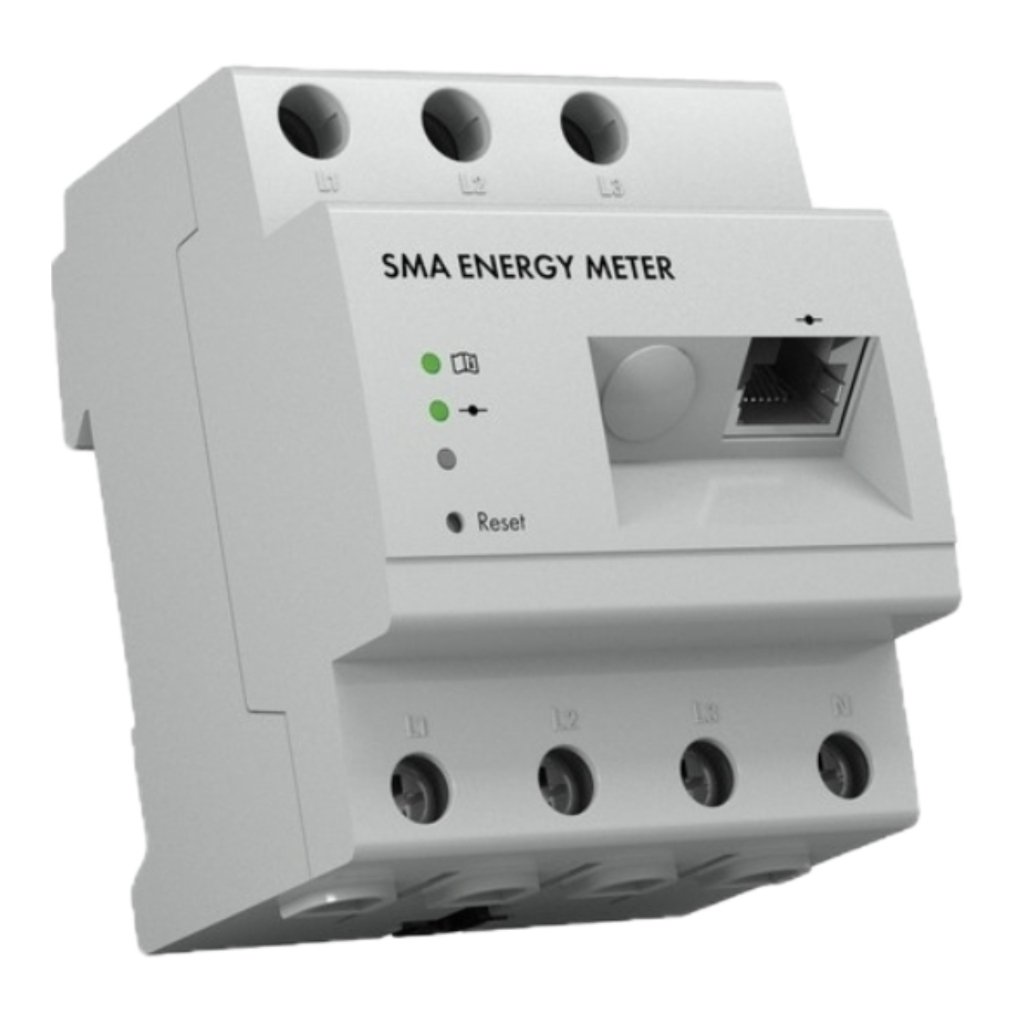 SMA Energy Meter: a white device with three top terminals, status LEDs, a Reset button, and a network port for data connection.