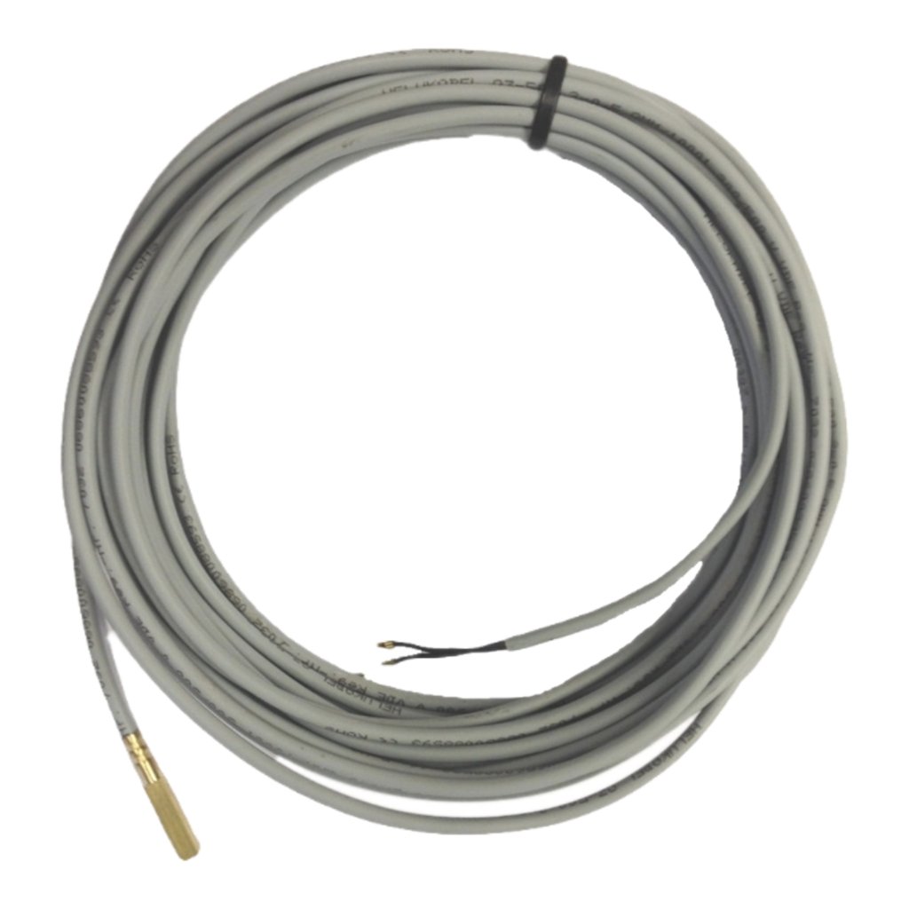 Coiled gray sensor cable with a small gold-plated probe at one end and two exposed conductors at the other end (thermocouple-style).