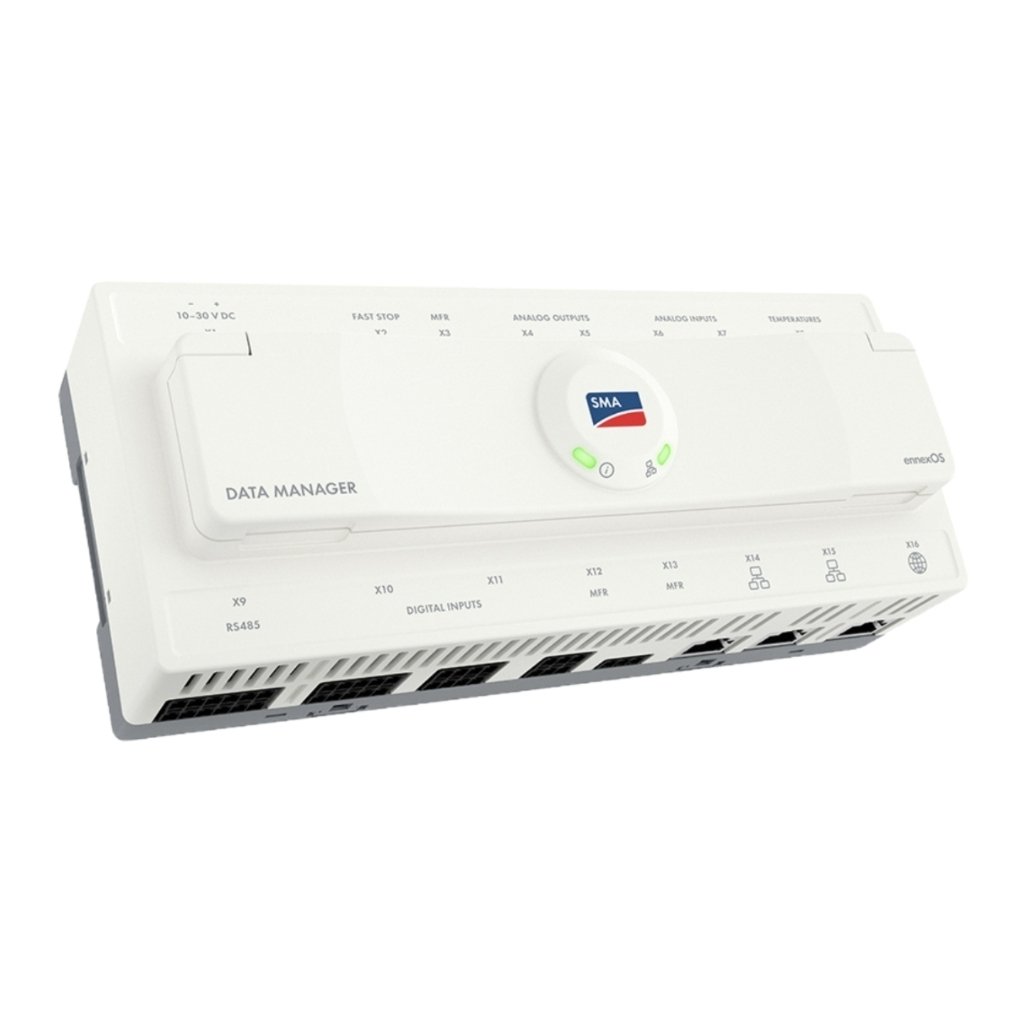 SMA Data Manager M EDMM-20 | Solarmart Photovoltaic Solutions White SMA Data Manager controller with a circular control dial and green indicator lights, angled view from the side