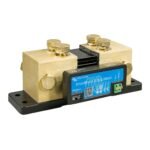 SmartShunt current monitor attached to a brass battery shunt block on a black base, used for high-current measurement.