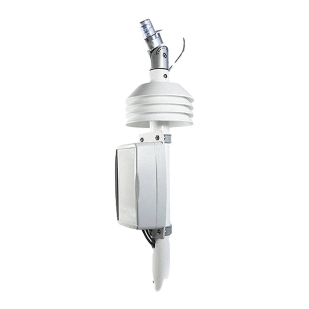 Pole-mounted weather sensor with a circular, multi-ridged top housing and a slim, elongated bottom unit.