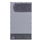 Tall gray metal equipment enclosure with vented panels at top and bottom, multiple screws, and a small red logo at the bottom-left.