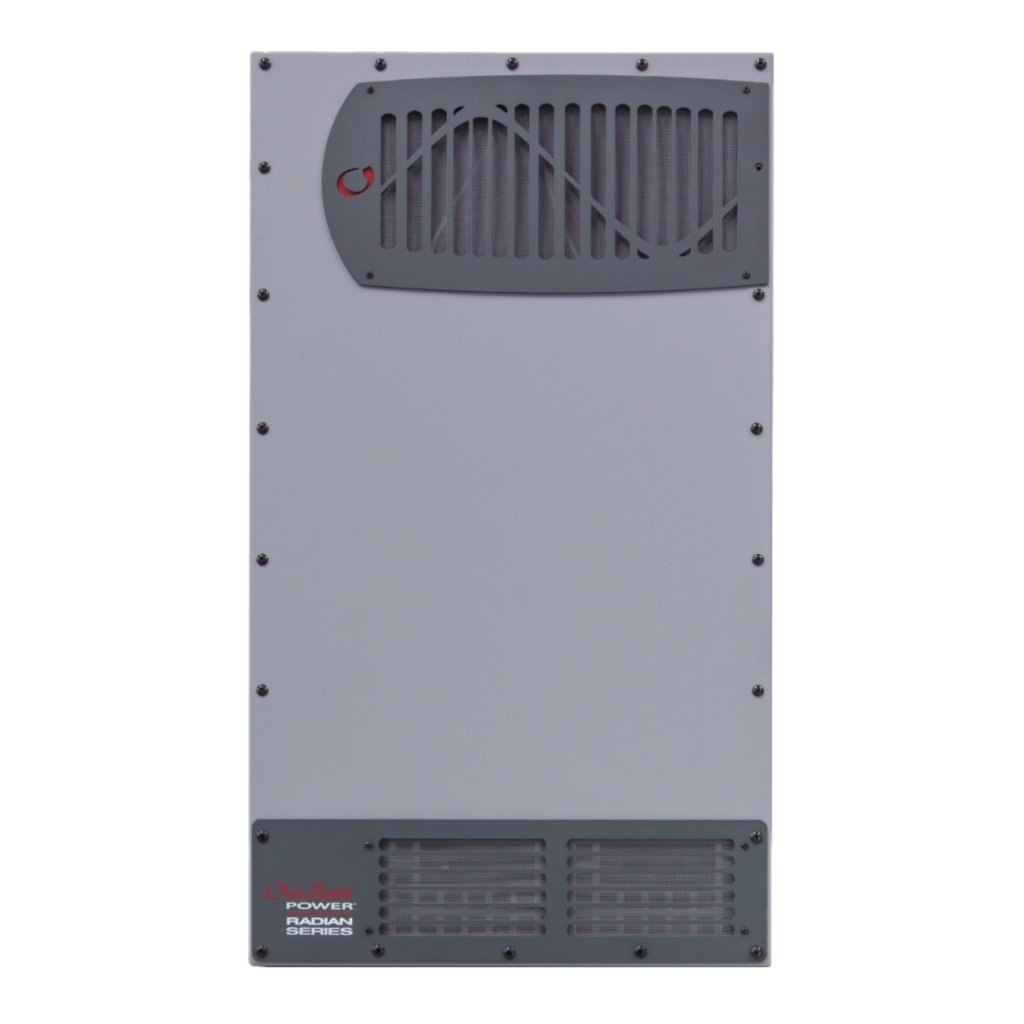 Tall gray metal equipment enclosure with vented panels at top and bottom, multiple screws, and a small red logo at the bottom-left.