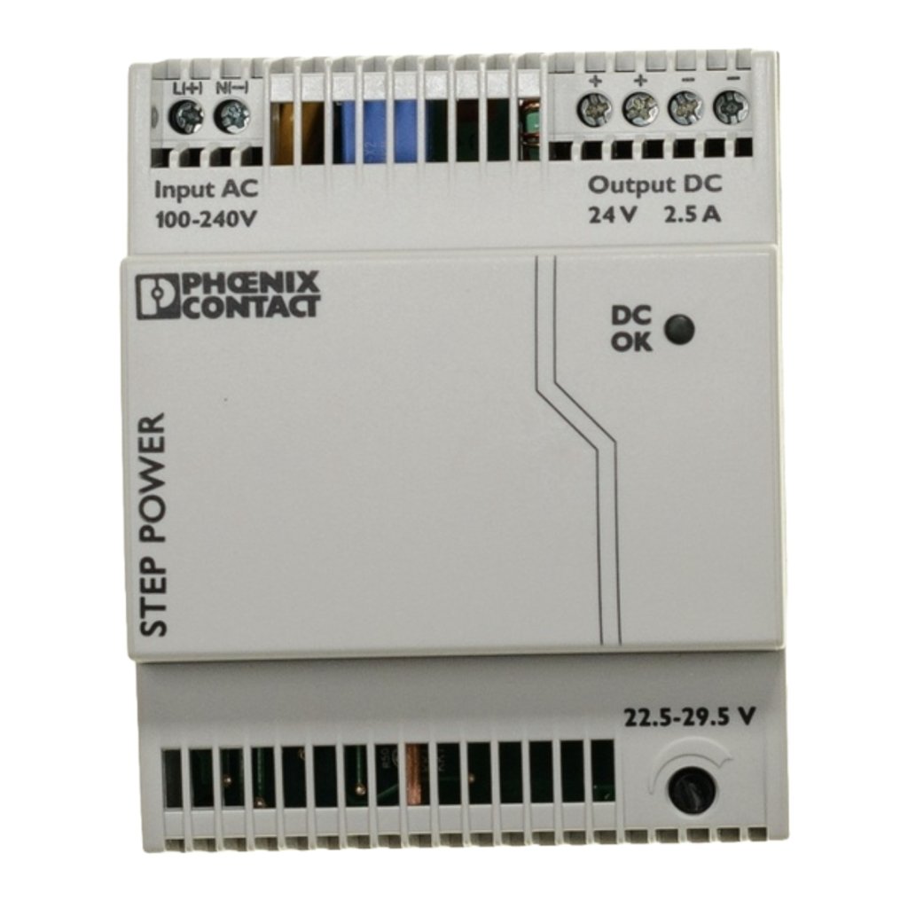 Phoenix Contact Step Power DC power supply module with 24V output (2.5A) and 100–240V AC input on top rail terminals, metal enclosure nearby label DC OK light ship.