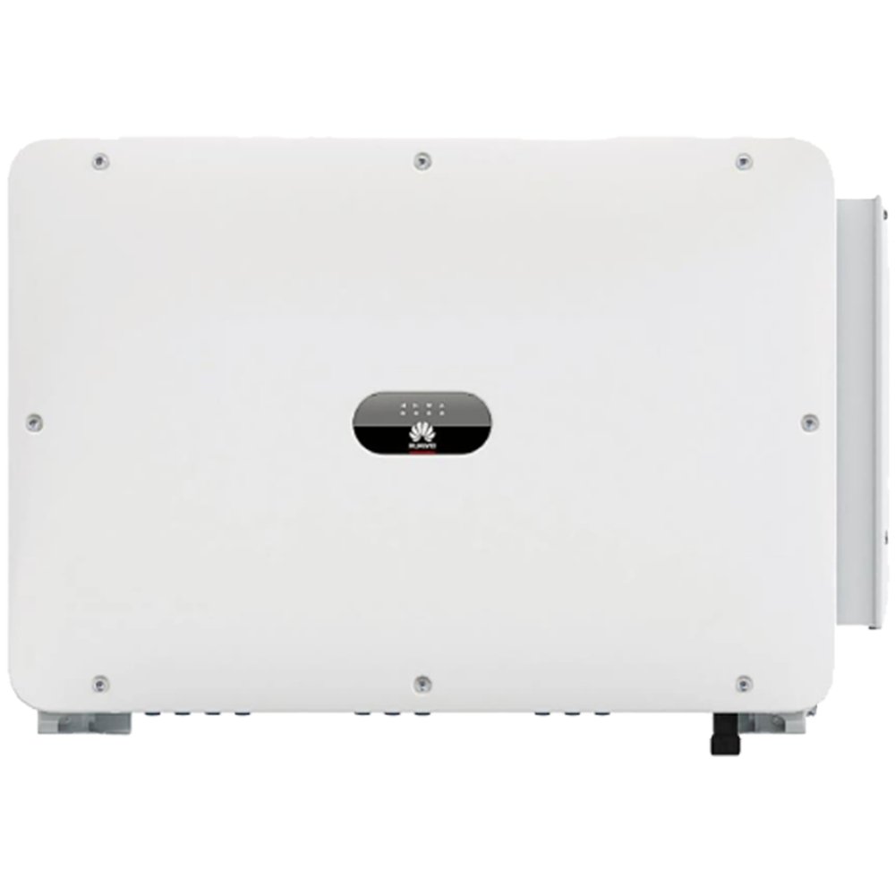 White Huawei solar inverter enclosure with rounded corners and a central black logo plate, viewed from the side.