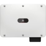 Back view of a white Huawei device with an oval dark panel displaying the Huawei logo; screws at the corners; black connector protruding from the bottom-right edge.