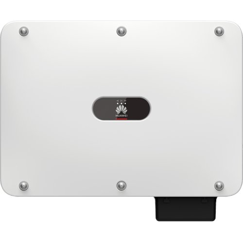 Back view of a white Huawei device with an oval dark panel displaying the Huawei logo; screws at the corners; black connector protruding from the bottom-right edge.