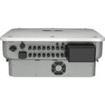 Rear view of equipment showing multiple multi-pin connectors, a power inlet, cooling fan, and a black rectangular power module on the right.