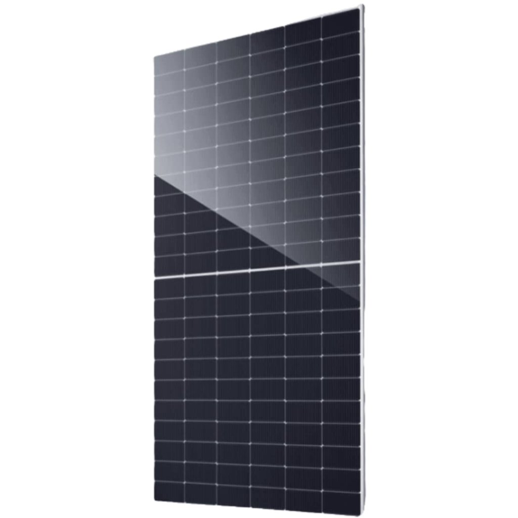Solar panel standing upright with a diagonal light reflection across its dark cells