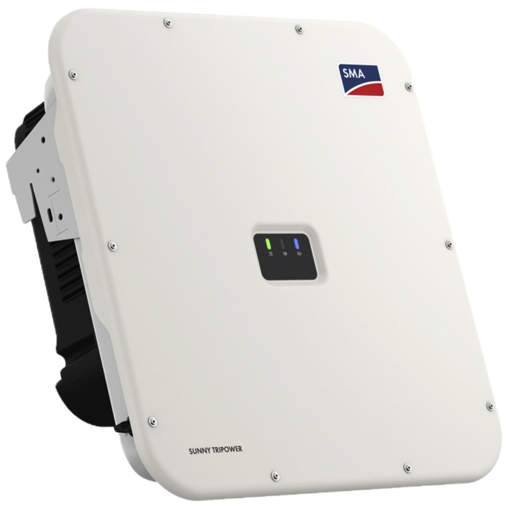 White SMA Sunny Tripower solar inverter panel with small status display on front.