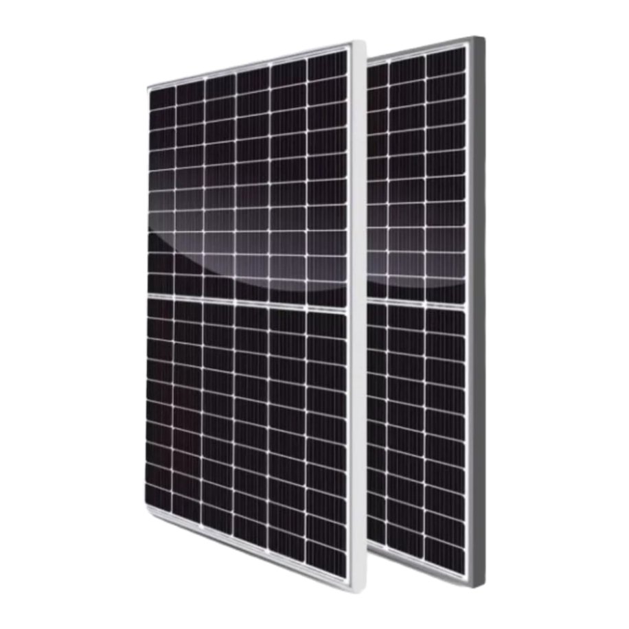 Pair of solar panels angled for solar energy capture, standing upright.