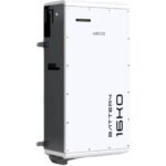 White WECO battery storage cabinet—a tall, white enclosure with a black side and wheels at the base.