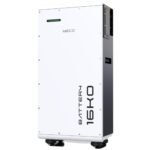 Tall white industrial battery pack with WECO logo and vertical model label, standing upright on wheels with a green indicator light on the front edge.