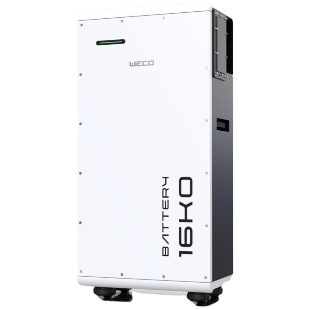 Tall white industrial battery pack with WECO logo and vertical model label, standing upright on wheels with a green indicator light on the front edge.