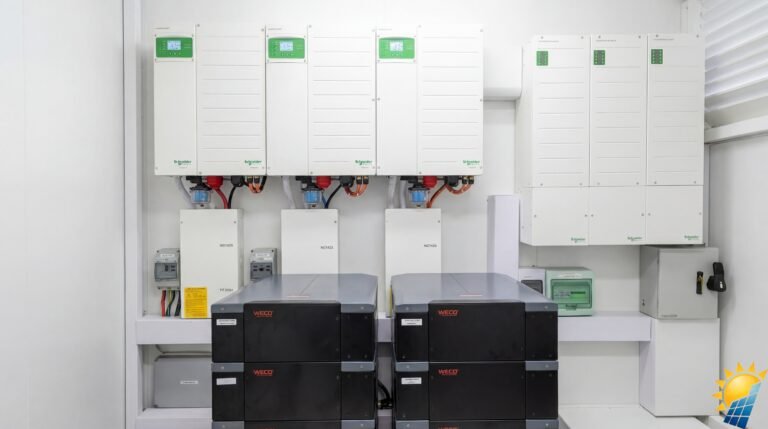 Row of white electrical inverter cabinets with green displays mounted on a wall above several black WECO power units in a clean utility room.