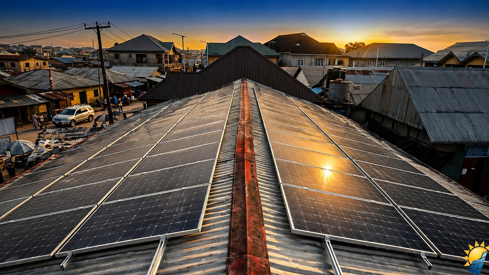 Sunset over a town with solar panels installed on a corrugated metal roof.