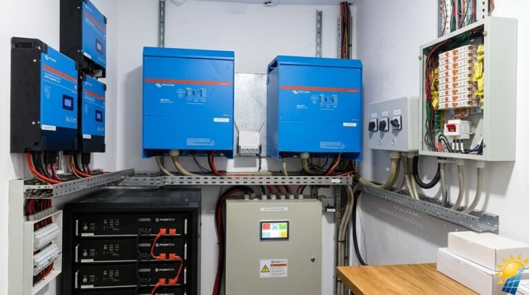 Industrial electrical cabinet room with multiple blue inverters and a gray control panel, overhead cable trays and wiring.