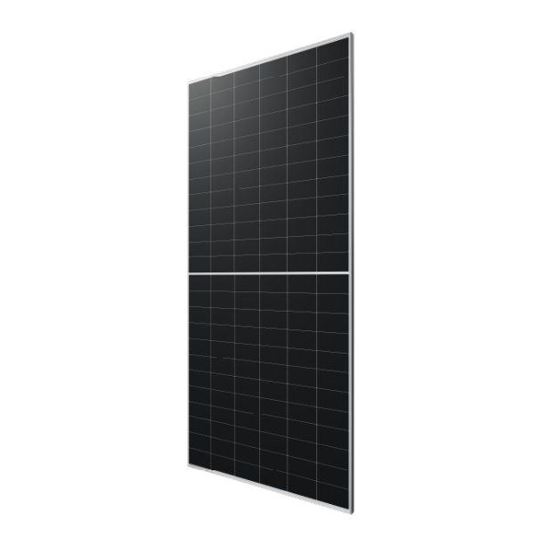 LONGi Hi-MO x10 1 - Solarmart Photovoltaic Solutions Tall black solar panel standing upright, viewed from the side, with a white seam across the middle and a silver frame on the edges