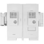 Industrial electrical switchgear cabinet with two tall doors and a right-side control panel panel mounted on the door edge