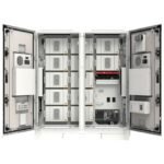 Open three-section electrical cabinet showing rows of battery modules and a control/power electronics area on the right side, with doors swung wide.