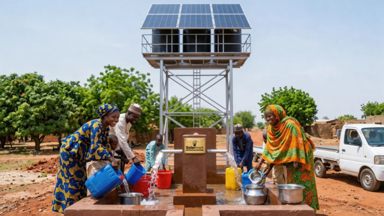 Community volunteers collect water from a solar-powered pump installing solar panels on a raised platform in a rural area.
