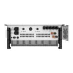 Rear panel of an industrial power inverter/UPS showing battery terminals (BAT1/BAT2), L1-L3/N/PE outputs, and control switches; large ventilation grille at bottom.