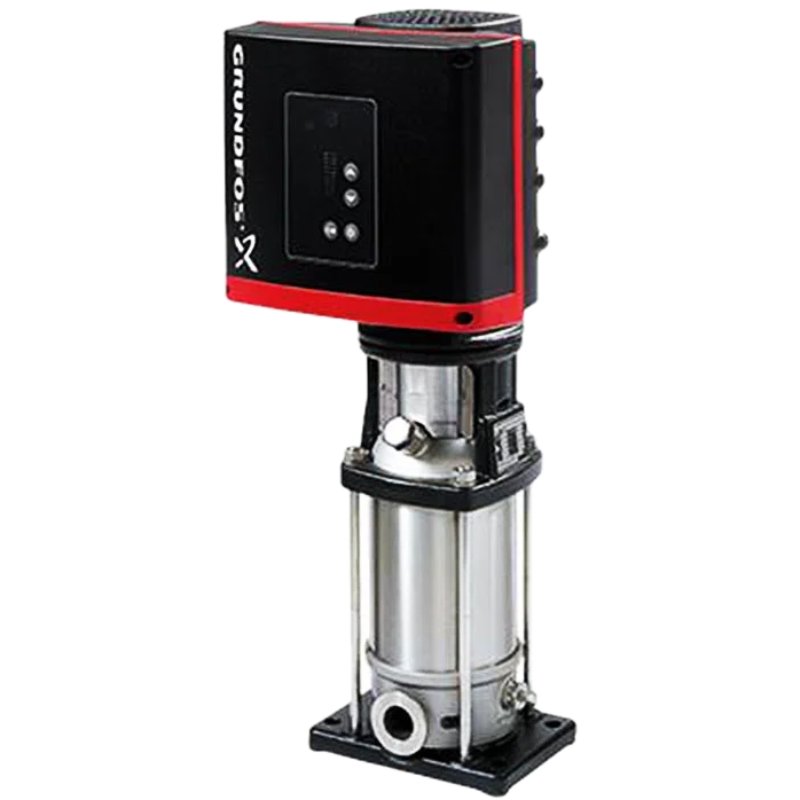 Vertical submersible pump with a black/red control unit mounted on top and a stainless steel body on a base plate.