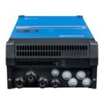 Front view of a blue industrial power inverter with multiple input/output ports and ventilation grills on the front panel