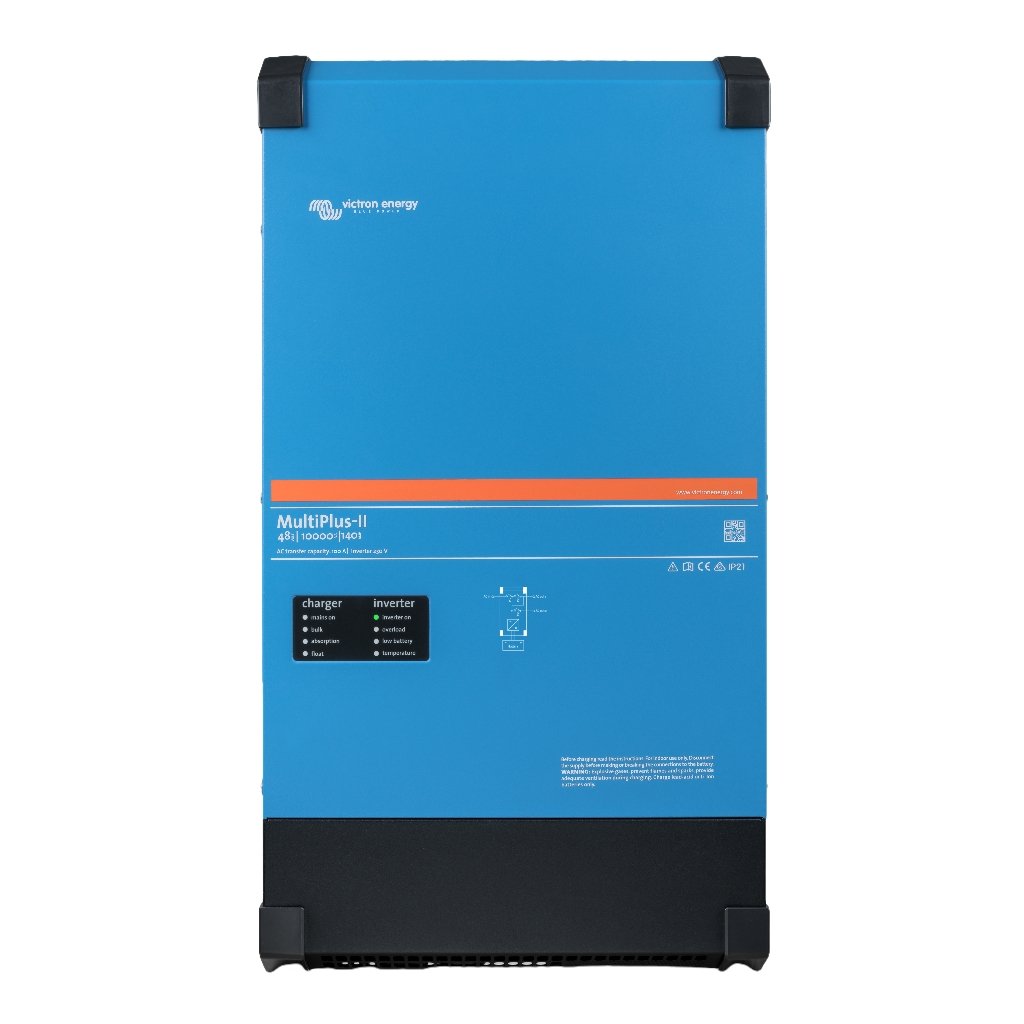 Blue Victron Energy MultiPlus-II inverter/charger unit with orange stripe and black base for solar power systems.