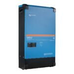 Blue Victron Energy MultiPlus-II inverter/charger unit with black base and side handles, standing upright on a platform