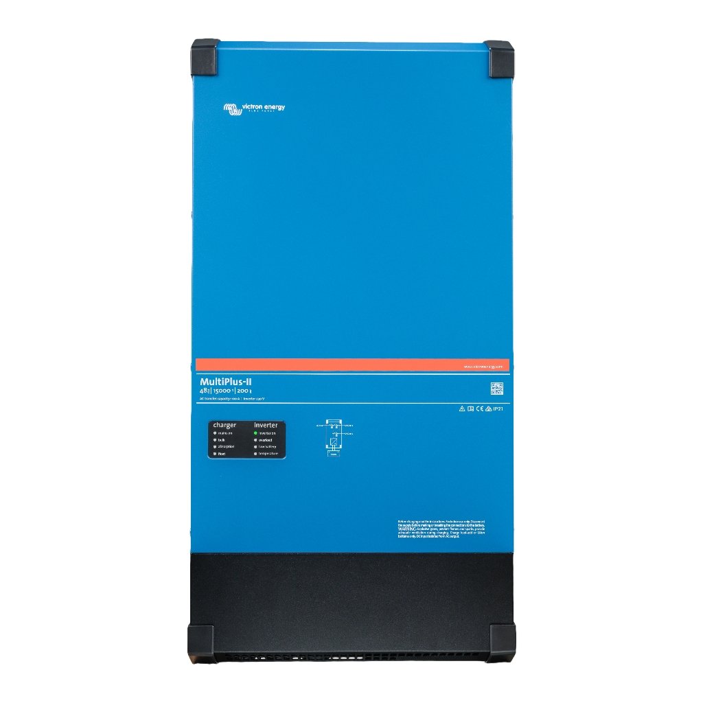 Blue Victron MultiPlus-II inverter/charger cabinet with black feet, side label visible for a portable power system