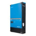 Blue Victron MultiPlus-II inverter/charger with black side panels set on white background