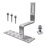 Metal right-angle mounting bracket with perforated base and vertical strap, accompanied by three screws and a bolt set.