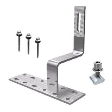 Solar-tile-roof-hook-1 - Solarmart Photovoltaic Solutions Metal right-angle mounting bracket with perforated base and vertical strap, accompanied by three screws and a bolt set.