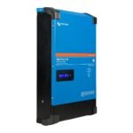 Blue Victron Energy MultiPlus-II GX inverter/charger mounted on a black base panel.