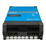 Blue MultiPlus-II GX power inverter/charger unit with a black vented front panel and row of white terminal knobs at the bottom front.