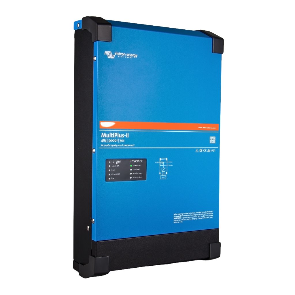 Blue Victron Energy MultiPlus-II inverter/charger unit with orange stripe on the front panel.