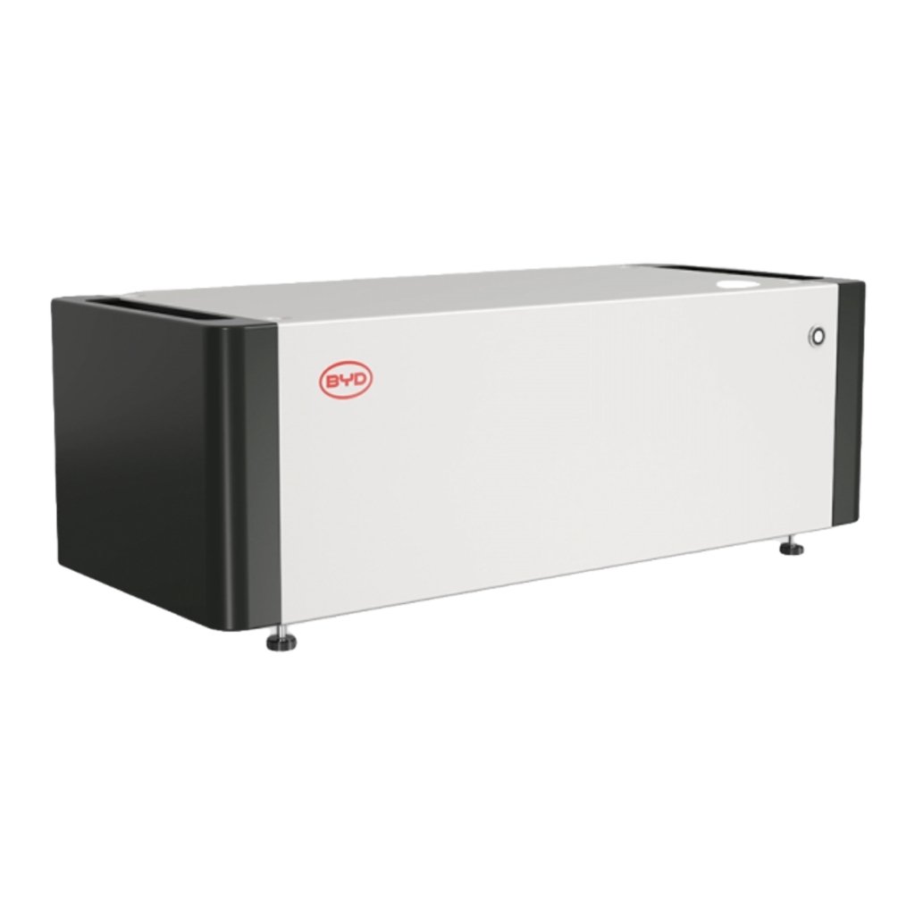 BYD white and black audio amplifier with red BYD logo, mounted on small feet.