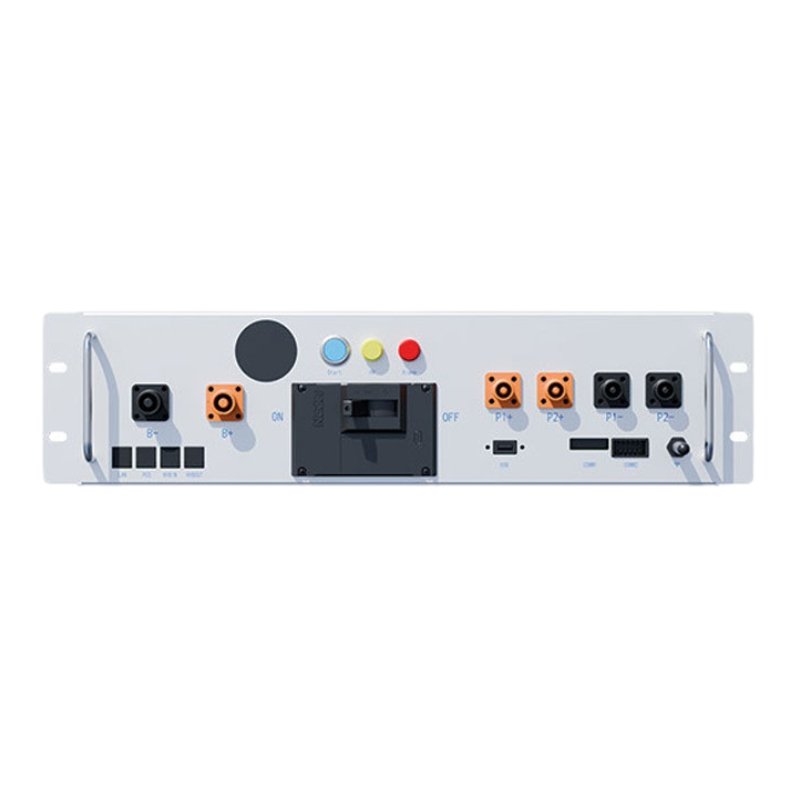 DEYE BMU High Voltage Control Box for BOS-A 2 | Solarmart Photovoltaic Solutions Industrial control panel with multiple colored buttons (blue, yellow, red) and knurled connectors mounted on a light gray rack.