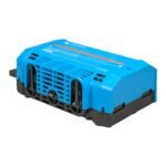 Blue portable power inverter with vented front and black base.
