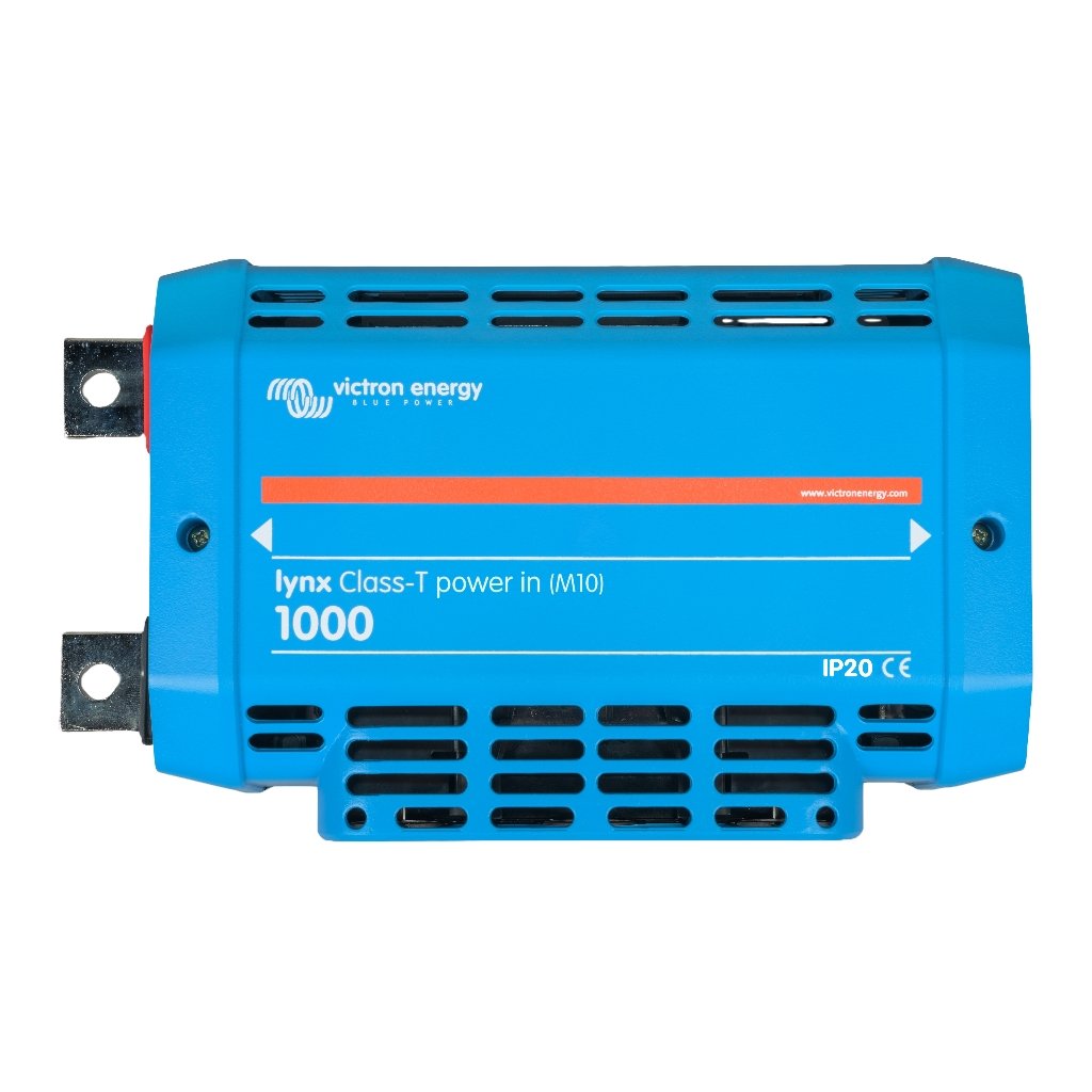 LYN060404010 Lynx Class-T Power In M10 top | Solarmart Photovoltaic Solutions Blue Victron Lynx Class-T power inverter (M10) 1000W with vented housing and mounting lugs, IP20 rating, used to convert DC to AC power.