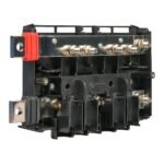 Circuit breaker module with multiple copper terminals and a red locking mechanism, used in electrical panels (informative)