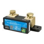 Victron SmartShunt 500A/50mV battery monitor module with dual brass terminals and blue labels on a black mount