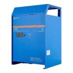 Blue Victron Energy MultiPlus inverter/charger with control panel and orange stripe on the front panel.
