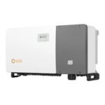 Solar inverter unit with white front panel and gray side panel, mounted on brackets.